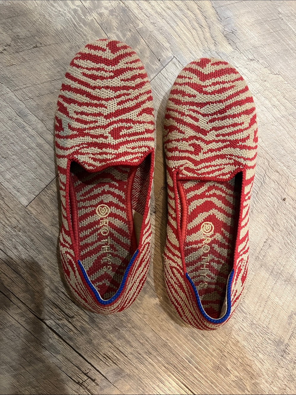 Rothy's Red and Tan Zebra Print Kids Slip-On Shoes